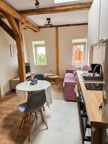 a kitchen and living room with a table and a couch at Rosette Rose AC Progres in Toruń