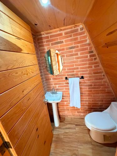 a bathroom with a toilet and a sink at azomalli cabañas in Bernal