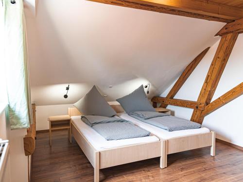 a bedroom with two beds in a attic at Ferienhof Häckler in Ochsenhausen