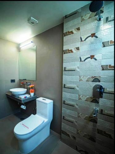 a bathroom with a toilet and a sink and a mirror at HOTEL SHEKHAR INN Luxury Suit in Agra