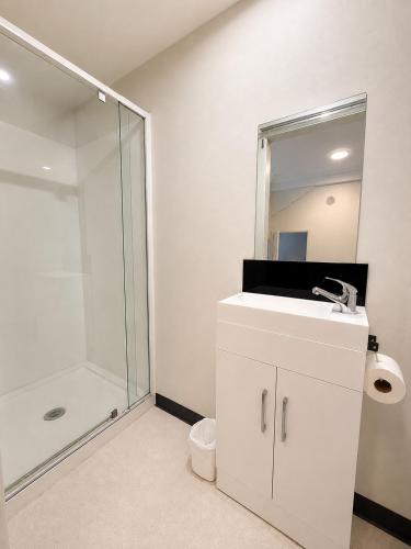 a bathroom with a white sink and a shower at Aura Hotel in Wellington