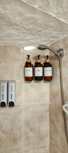 a group of four bottles on a wall in a bathroom at Cueva La Loli in Guadix