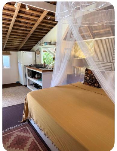 a bedroom with a bed with a mosquito net at Atunumai in Temae
