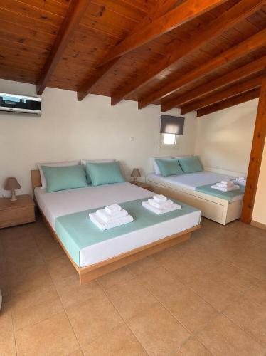 two beds in a room with wooden ceilings at Thea in Myrtos