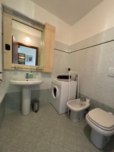 a bathroom with a toilet and a sink and a washing machine at residenza gelsomino - relax and view in Bellano