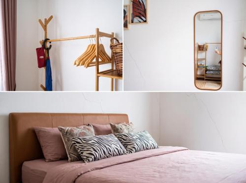 a collage of photos with a bed and a mirror at Villa Kahuripan Triangle in Bandung