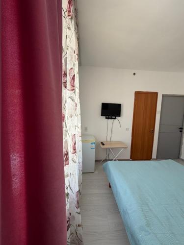 a bedroom with a bed and a red curtain at Jibek Murok in Bosteri