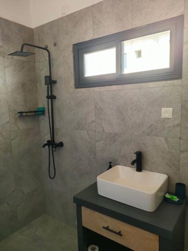 a bathroom with a sink and a shower at Residence Meva Soa Majunga in Amborovy