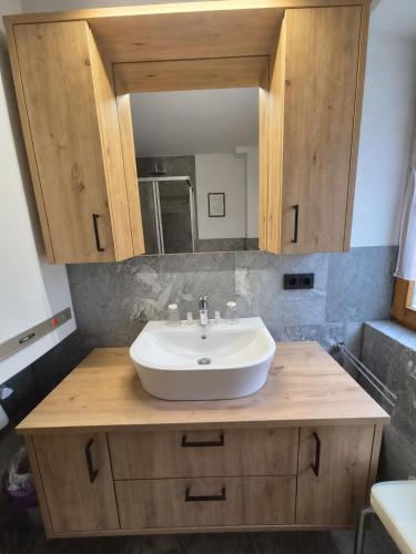 a bathroom with a sink and a mirror at Seeappartement Kitzsteinhorn in Zell am See