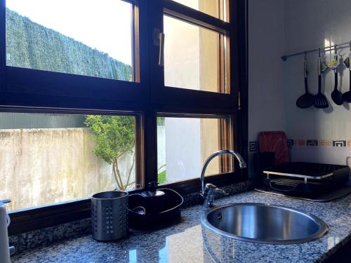 a kitchen counter with a sink and two windows at R2R - El Rincón de Luiña - 310A in Soto de Luiña