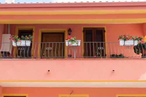 a balcony with two surfboards and flowers on it at Charming apartment in Nughedu Santa Vittoria - 90 m² with fireplace in Nughedu Santa Vittoria