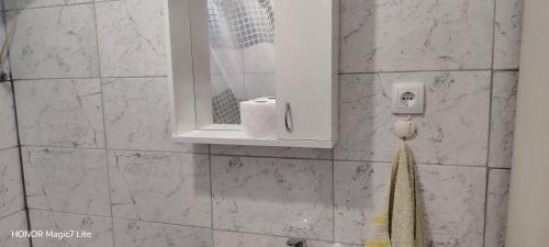 a bathroom with a shower with a sink and a towel at Kosmaj - Sopot in Sopot