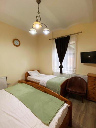 a bedroom with two beds and a tv and a chair at The Stone Garden Apartment - free parking, private yard in Sinaia