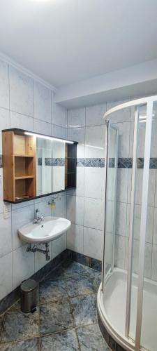 a bathroom with a sink and a shower at Ferienwohnung Mühlburger in Lienz