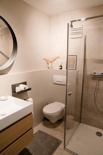 a bathroom with a toilet and a glass shower at Gasthof Thünauer in Offenhausen