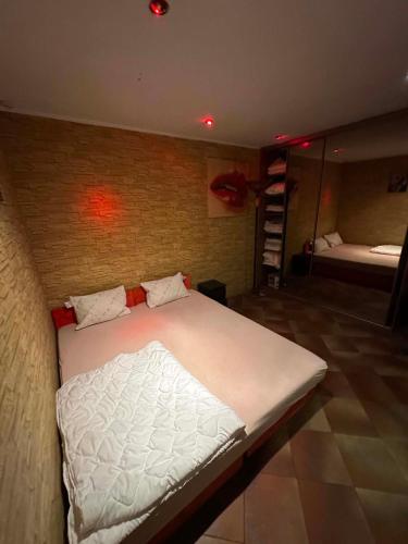 ein Schlafzimmer mit einem großen weißen Bett in einem Zimmer in der Unterkunft MiniApartament in Psary Małe