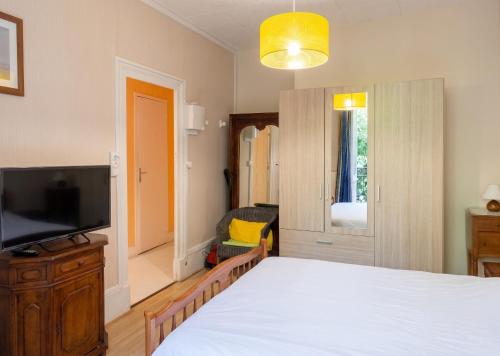 a bedroom with a bed and a flat screen tv at Appartement cosy à Néris-les-Bains, 20 m², balcon avec vue in Néris-les-Bains