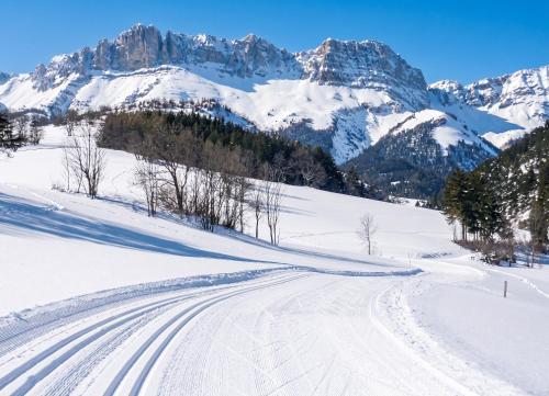 a road in the snow with mountains in the background at Appartement chaleureux à Gresse-en-Vercors 43 m² vue montagne in Gresse-en-Vercors