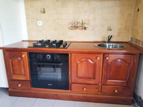 a kitchen with a stove and a sink at Appartement charmant au Lamentin avec terrasse et jardin, 46 m² in Le Lamentin