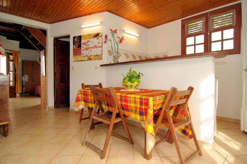 a dining room table with a colorful table cloth on it at Appartement accueillant au Robert avec balcon et jardin in Le Robert
