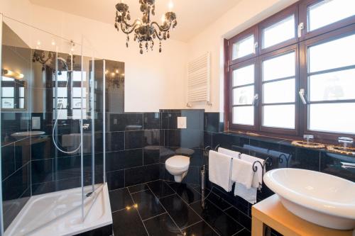 a bathroom with a sink and a toilet and a shower at Leipziger Hof in Fulda