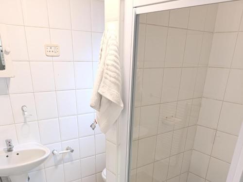 a bathroom with a shower and a sink at Rosahoff Guesthouse in Windhoek