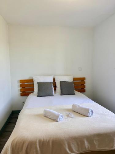 a bedroom with a large bed with two pillows at T2 calme rue Pasteur appartement 1 - DABNB in Le Palais-sur-Vienne