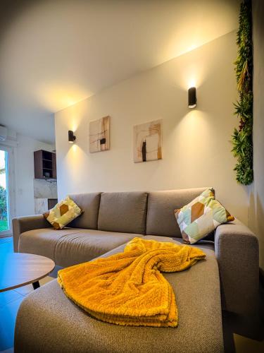 a living room with a couch with a blanket on it at Blossom Bliss in La Norville