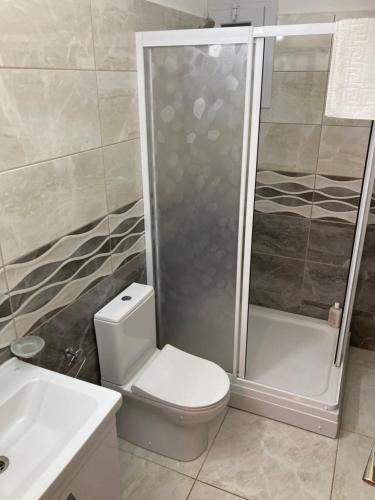 a bathroom with a shower and a toilet and a sink at Caesar Resort spa in Dherinia
