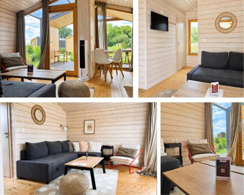 ein Wohnzimmer mit einem blauen Sofa und einem Tisch in der Unterkunft 308-Tiny House Inn in Bleckede