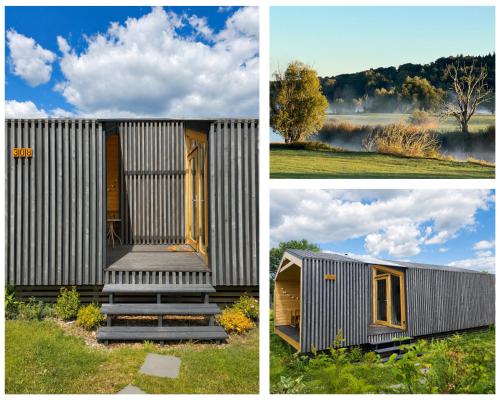 eine Gruppe von drei Bildern eines kleinen Hauses in der Unterkunft 308-Tiny House Inn in Bleckede