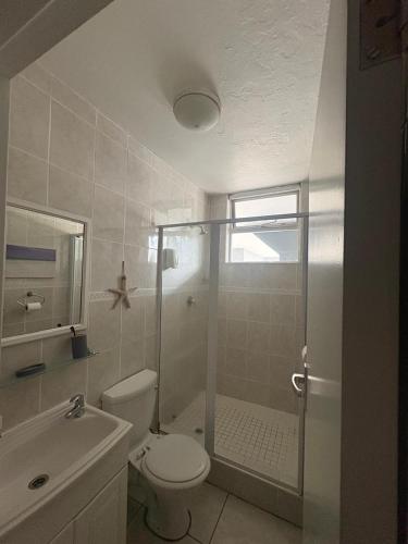 a bathroom with a shower and a toilet and a sink at 18 Ipanema Beach in Durban