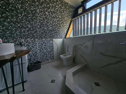 a bathroom with a toilet and a sink and a window at Alagi ალაგი in Ambrolauri