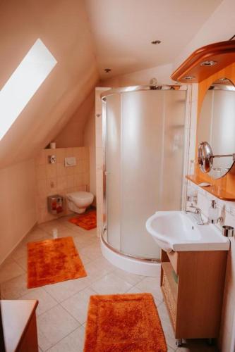a bathroom with a shower and a sink and a toilet at Hotel Bonaparte in Košice