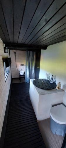 a bedroom with a bed and a toilet in it at Little Red Sauna by the Sea in Leesi