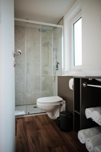 a bathroom with a toilet and a glass shower at Lakeside Petzen Glamping in Unterlibitsch