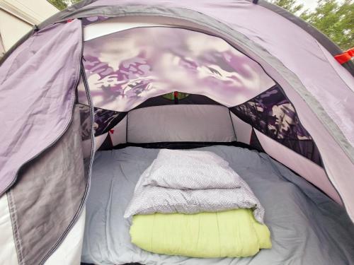 a tent with a mattress inside of it at Hacienda Caravan in Szentes