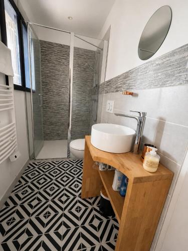 a bathroom with a sink and a shower at Le Garage, La Chambre in Fontevraud-l'Abbaye
