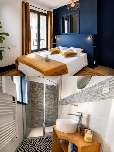 a bedroom with a bed and a bathroom with a sink at Le Garage, La Chambre in Fontevraud-l'Abbaye