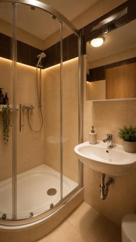 a bathroom with a shower and a sink at Hotel - Pension Vesta in Bad Elster