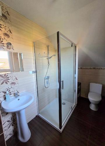 a bathroom with a shower and a sink and a toilet at Zacisze in Józefów