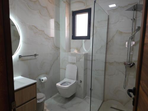 a bathroom with a toilet and a glass shower at Caci Apartments in Gornji Štoj