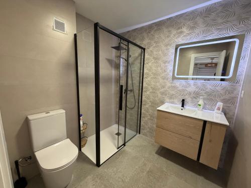a bathroom with a shower and a toilet and a sink at AMANITA VuT in Huerta del Rey