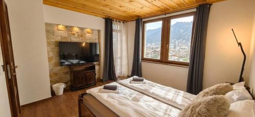 a bedroom with a bed and a tv and a window at Rhodopski Apartment in Chepelare