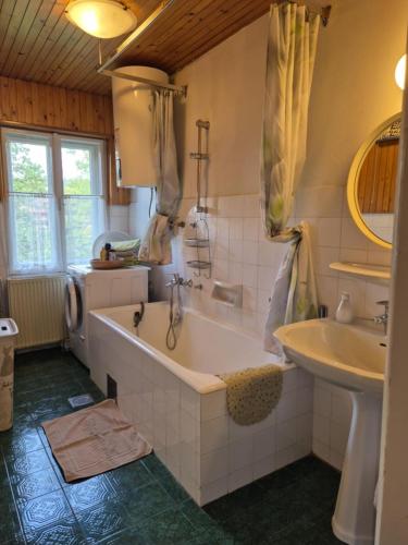 a bathroom with a large tub and a sink at Sovica in Bled