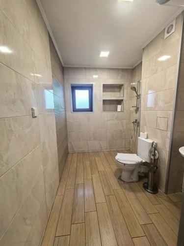 a bathroom with a toilet and a shower and a window at Къща за гости Старлес in Malko Tŭrnovo
