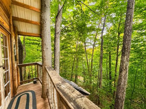 a porch of a cabin with a view of the woods at Off-Grid Treehouse White Mountain National Forest in North Lovell