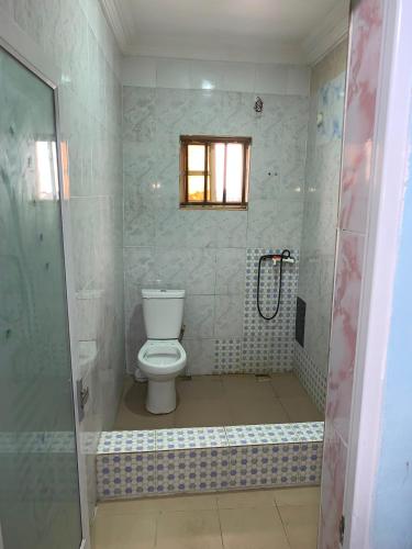 a bathroom with a toilet and a shower at Diamond Groove Hotel & Suites in Sangotedo