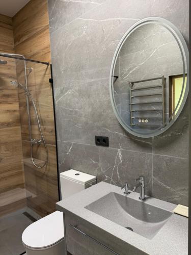 a bathroom with a sink and a mirror at Beiri in Dravnieki
