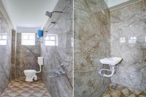two pictures of a bathroom with a toilet and a sink at Vandalur Stay's Inn in Vandalūr